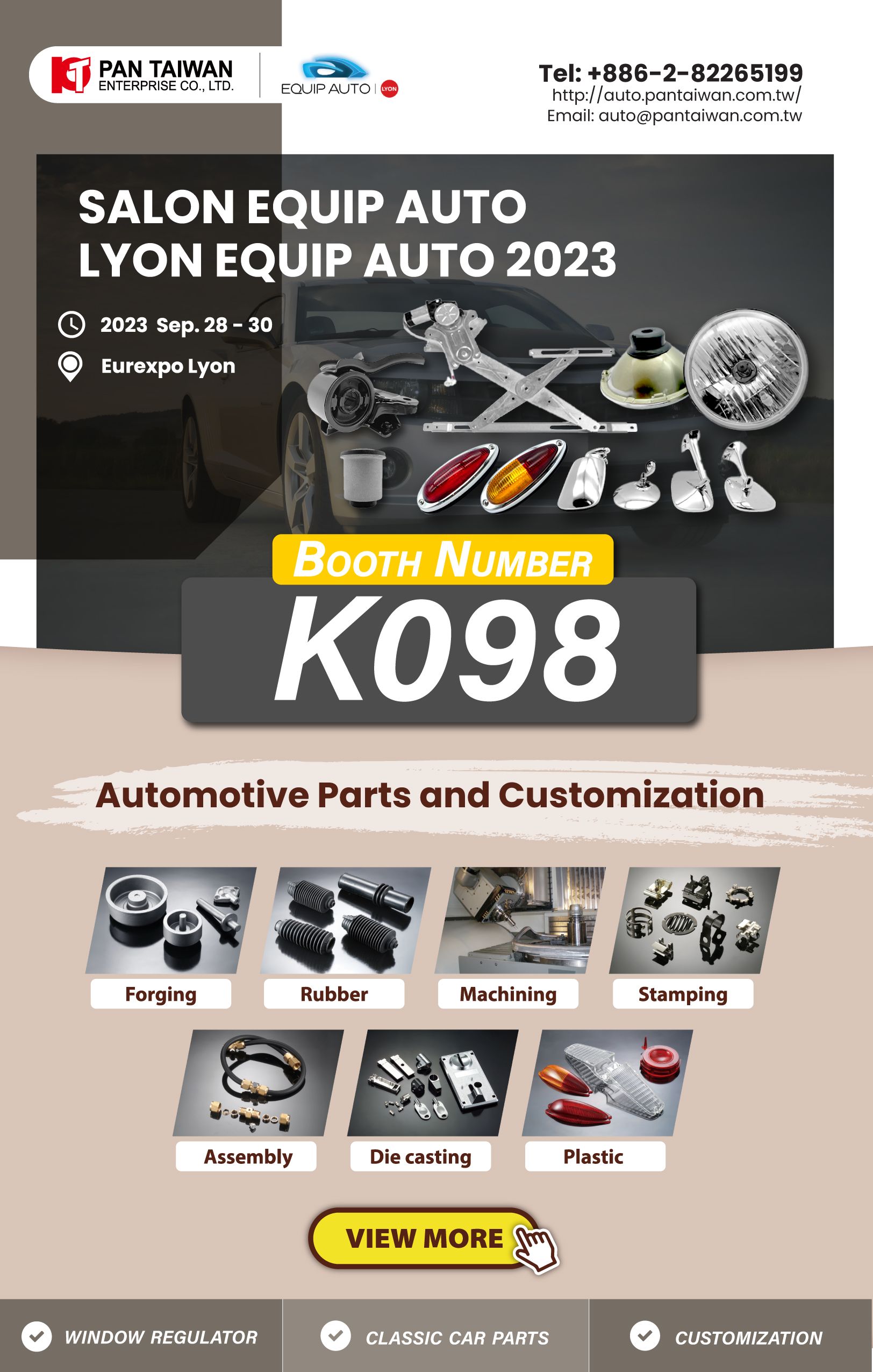 Pan Taiwan, 2023'te EQUIP AUTO'da yer alacak ve tüm müşterilerimize pencere düzenleyicilerimizi, klasik araba parçalarımızı ve özelleştirilmiş hizmetimizi sergileyecektir.